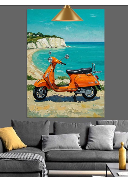Turuncu Scooter Motorsiklet Plaj Manzarası Dekoratif Kanvas - Mdf Ahşap Tablo modelleri