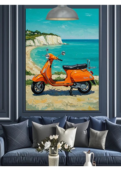 Turuncu Scooter Motorsiklet Plaj Manzarası Dekoratif Kanvas - Mdf Ahşap Tablo fırsatları