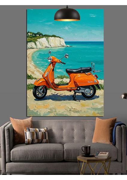Turuncu Scooter Motorsiklet Plaj Manzarası Dekoratif Kanvas - Mdf Ahşap Tablo indirimleri