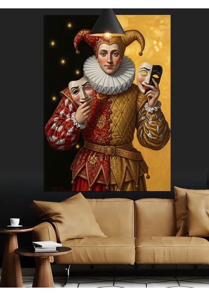 Maske Tutan Soytarı Figürü Sarı Siyah Fon Dekoratif Kanvas - Mdf Ahşap Tablo