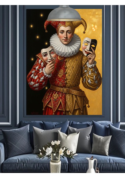 Maske Tutan Soytarı Figürü Sarı Siyah Fon Dekoratif Kanvas - Mdf Ahşap Tablo modelleri