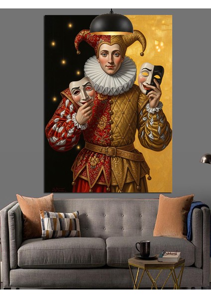 Maske Tutan Soytarı Figürü Sarı Siyah Fon Dekoratif Kanvas - Mdf Ahşap Tablo fırsatları
