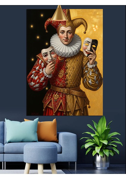 Maske Tutan Soytarı Figürü Sarı Siyah Fon Dekoratif Kanvas - Mdf Ahşap Tablo indirimleri