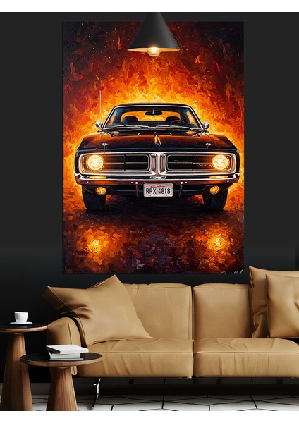 Eski Klasik Araba Alevli Gece Dekoratif Kanvas - Mdf Ahşap Tablo