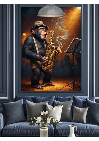 Saksofon Çalan Cazcı Maymun Müzik Dekoratif Kanvas - Mdf Ahşap Tablo