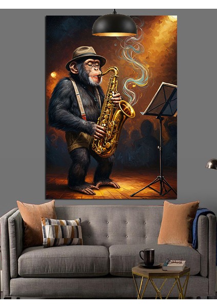 Saksofon Çalan Cazcı Maymun Müzik Dekoratif Kanvas - Mdf Ahşap Tablo fiyatları