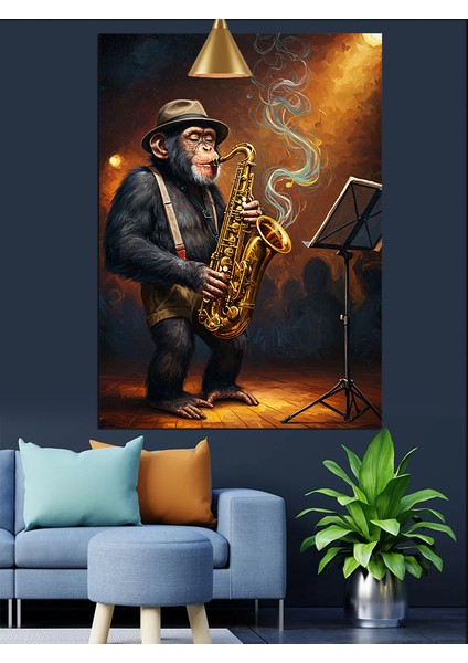 Saksofon Çalan Cazcı Maymun Müzik Dekoratif Kanvas - Mdf Ahşap Tablo modelleri