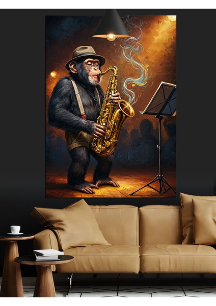 Saksofon Çalan Cazcı Maymun Müzik Dekoratif Kanvas - Mdf Ahşap Tablo fırsatları