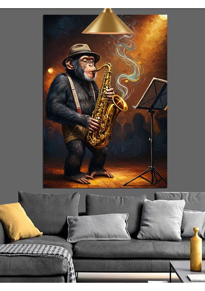 Saksofon Çalan Cazcı Maymun Müzik Dekoratif Kanvas - Mdf Ahşap Tablo indirimleri