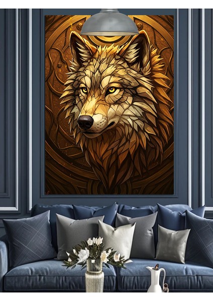 Altın Kurt Portresi Dekoratif Kanvas - Mdf Ahşap Tablo fırsatları