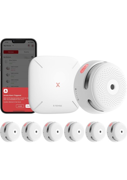 X-Sense Akıllı Duman Dedektörü (6x XS01-M), SBS50 Baz Istasyonu Ile, Wi-Fi Duman Alarmı, X-Sense Ev Güvenlik Uygulaması ile Uyumlu, Kablosuz Bağlantılı Yangın Alarmı, Model FS61