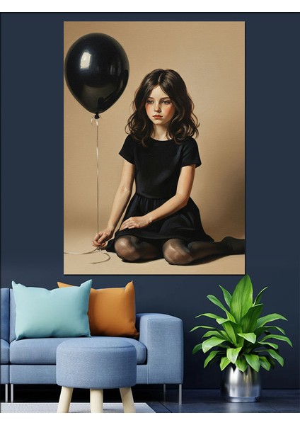 Siyah Balonlu Küçük Kız Dekoratif Kanvas - Mdf Ahşap Tablo