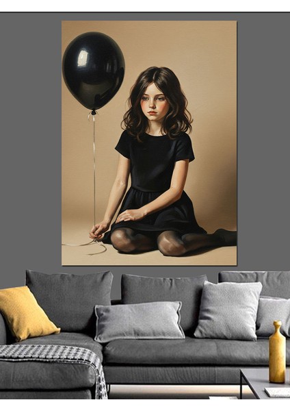 Siyah Balonlu Küçük Kız Dekoratif Kanvas - Mdf Ahşap Tablo fırsatları