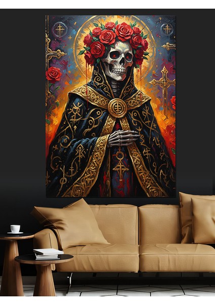 Güllü Kurukafa Gotik Sanat Dekoratif Kanvas - Mdf Ahşap Tablo