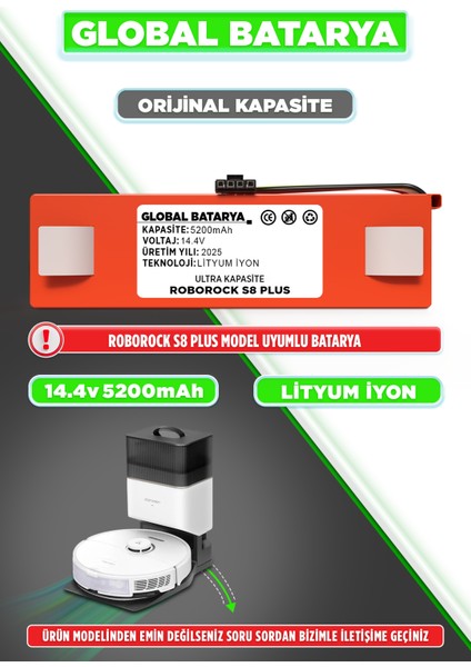 Roborock S8 Plus Uyumlu Robot Süpürge Bataryası 14.4V 5200MAH Li-Ion Pil (Orijinal Kapasite)