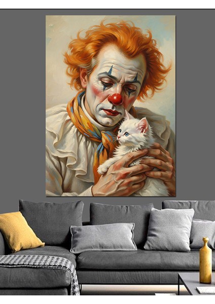 Palyaço Beyaz Yavru Kedi Tutuyor Dekoratif Kanvas - Mdf Ahşap Tablo