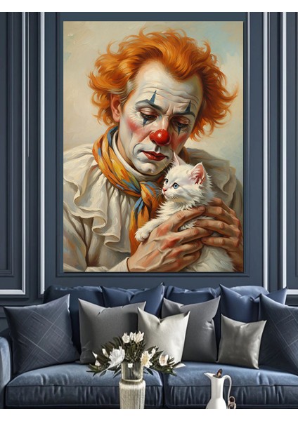 Palyaço Beyaz Yavru Kedi Tutuyor Dekoratif Kanvas - Mdf Ahşap Tablo fiyatları