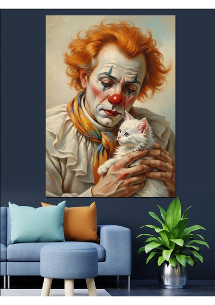Palyaço Beyaz Yavru Kedi Tutuyor Dekoratif Kanvas - Mdf Ahşap Tablo modelleri