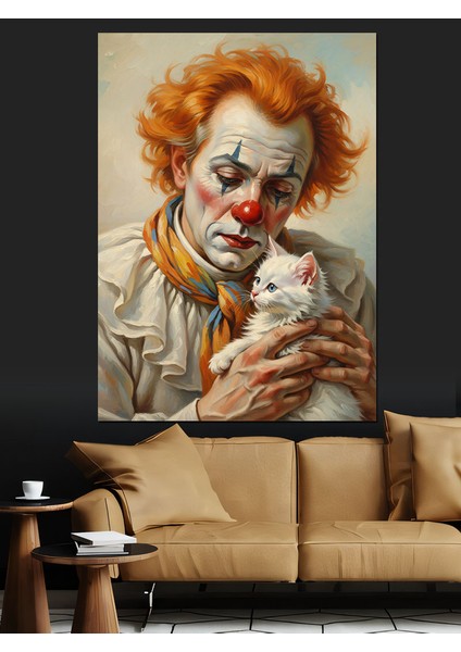 Palyaço Beyaz Yavru Kedi Tutuyor Dekoratif Kanvas - Mdf Ahşap Tablo fırsatları