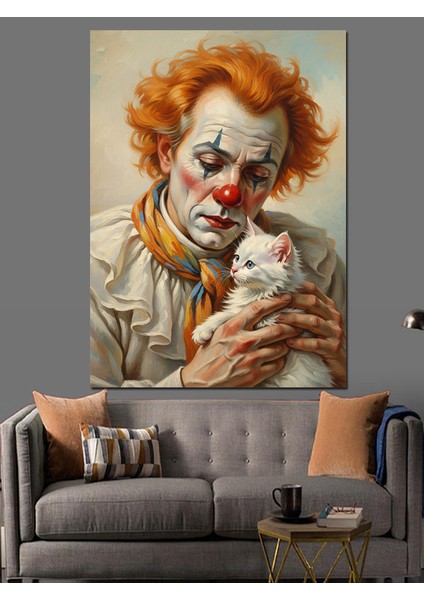 Palyaço Beyaz Yavru Kedi Tutuyor Dekoratif Kanvas - Mdf Ahşap Tablo indirimleri