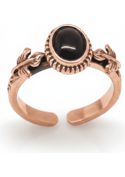 Bakır Bronz Alaşım Kadın Yüzük - Siyah Oniks Doğaltaşlı - Otantik Tasarım - Ayarlanabilir Ölçü