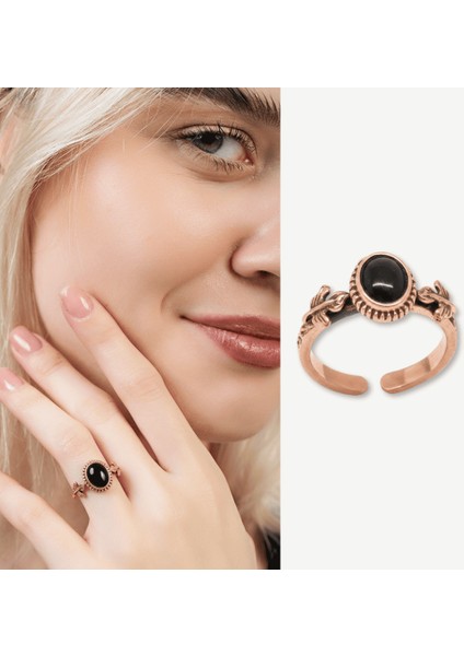 Bakır Bronz Alaşım Kadın Yüzük - Siyah Oniks Doğaltaşlı - Otantik Tasarım - Ayarlanabilir Ölçü fiyatları