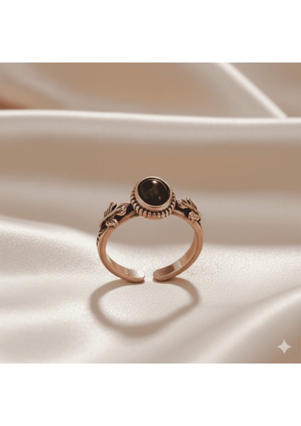 Bakır Bronz Alaşım Kadın Yüzük - Siyah Oniks Doğaltaşlı - Otantik Tasarım - Ayarlanabilir Ölçü indirimleri
