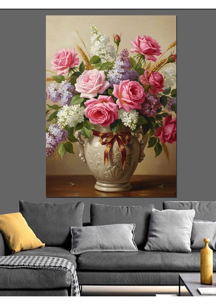 Vazoda Gül Çiçekleri Dekoratif Kanvas - Mdf Ahşap Tablo