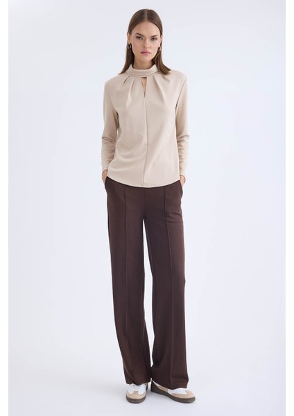 Önü Dikişli Geniş Paça Beli Lastikli Pantolon