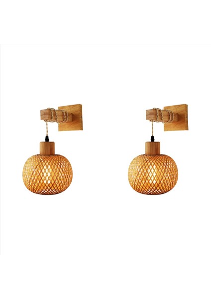 2x Retro Duvar Işık Dokuma Rattan Ahşap Aplikler Oturma Odası Başucu Lambası Vintage Yatak Odası Dekorasyon Aydınlatma-A (Yurt Dışından)