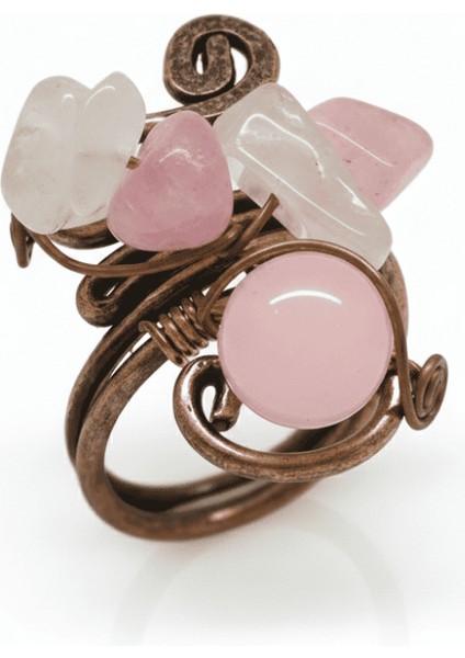 Bakır Bronz Alaşım Kadın Yüzük - Amorf Pembe Kuvars Doğaltaşlı - Retro Tasarım - Ayarlanabilir Ölçü