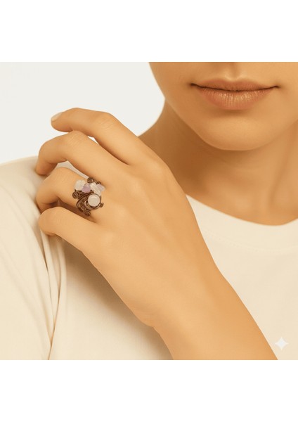 Bakır Bronz Alaşım Kadın Yüzük - Amorf Pembe Kuvars Doğaltaşlı - Retro Tasarım - Ayarlanabilir Ölçü fırsatları