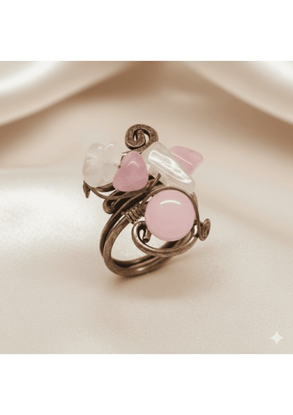 Bakır Bronz Alaşım Kadın Yüzük - Amorf Pembe Kuvars Doğaltaşlı - Retro Tasarım - Ayarlanabilir Ölçü indirimleri