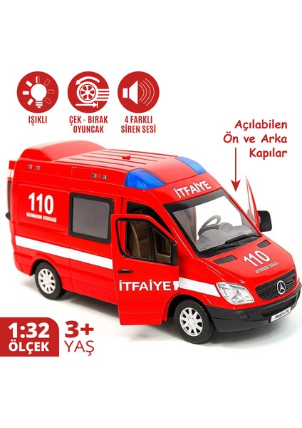 Kırmızı Işıklı Sesli Çek Bırak Metal Itfaiye Aracı Açılır Kapılı 17 cm