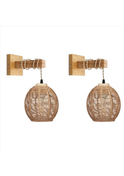 2x Retro Duvar Işık Dokuma Rattan Ahşap Aplikler Oturma Odası Başucu Lambası Vintage Yatak Odası Dekorasyon Aydınlatma-B (Yurt Dışından)