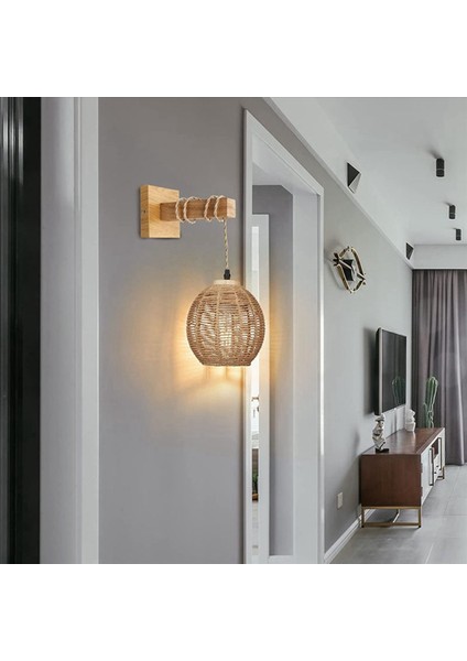 2x Retro Duvar Işık Dokuma Rattan Ahşap Aplikler Oturma Odası Başucu Lambası Vintage Yatak Odası Dekorasyon Aydınlatma-B (Yurt Dışından) modelleri