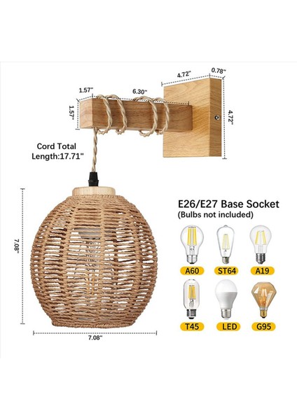 2x Retro Duvar Işık Dokuma Rattan Ahşap Aplikler Oturma Odası Başucu Lambası Vintage Yatak Odası Dekorasyon Aydınlatma-B (Yurt Dışından) indirimleri
