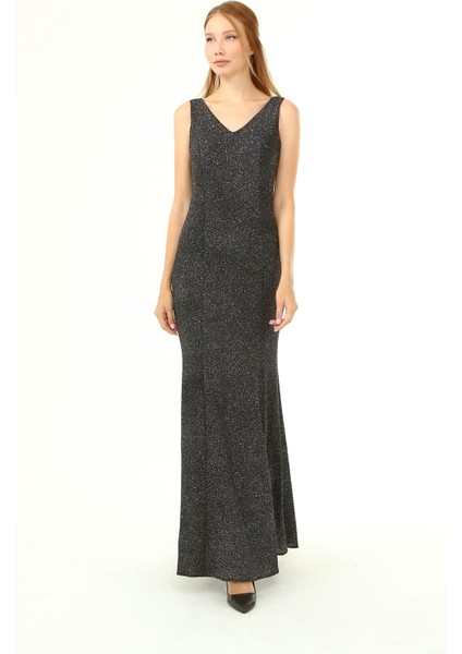 Askılı Arkası Önü V Yaka Simli Abiye Elbise