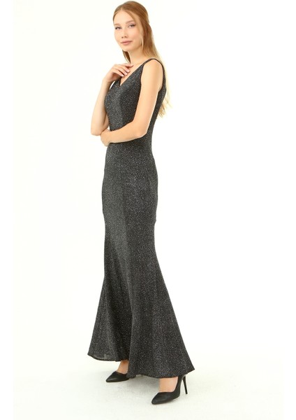 Askılı Arkası Önü V Yaka Simli Abiye Elbise modelleri