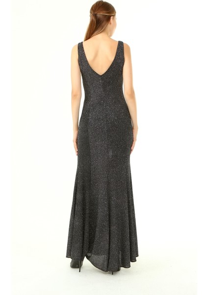 Askılı Arkası Önü V Yaka Simli Abiye Elbise indirimleri