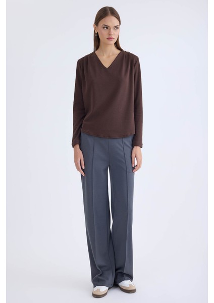 Önü Dikişli Geniş Paça Beli Lastikli Pantolon