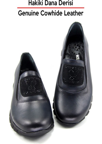 Morena Lacivert Hakiki Dana Derisi Taşlı Yuvarlak Burun Günlük Ayakkabı