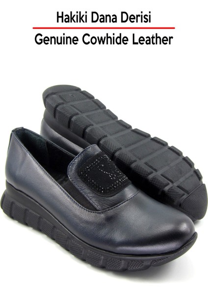 Morena Lacivert Hakiki Dana Derisi Taşlı Yuvarlak Burun Günlük Ayakkabı