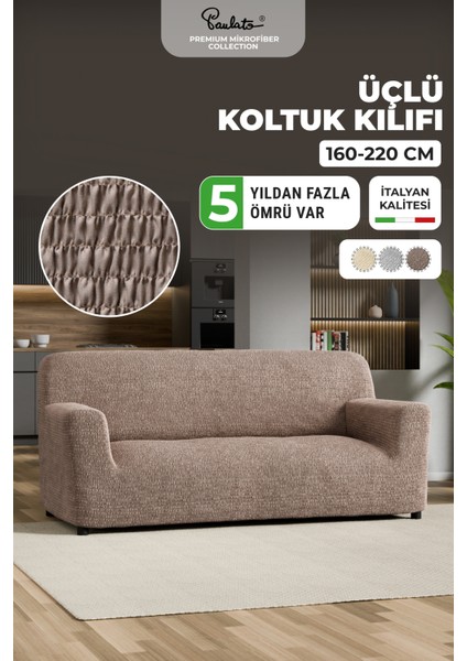 Lastikli Esnek ve Yıkanabilir Piliseli Kakao 3 Kişilik Koltuk Örtüsü