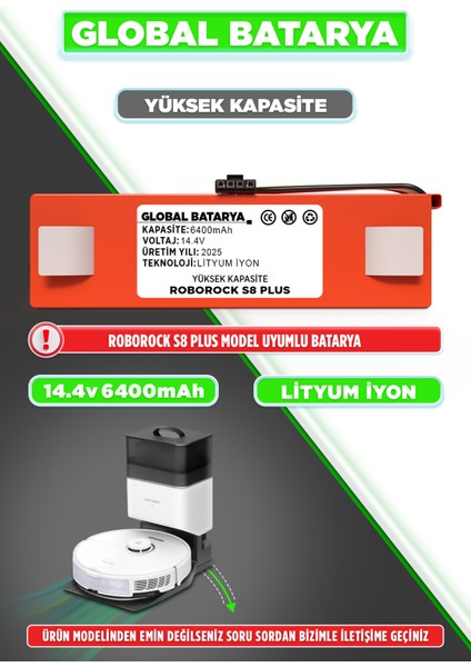 Roborock S8 Plus Uyumlu Robot Süpürge Bataryası 14.4V 6400MAH Pil (Yüksek Kapasite)