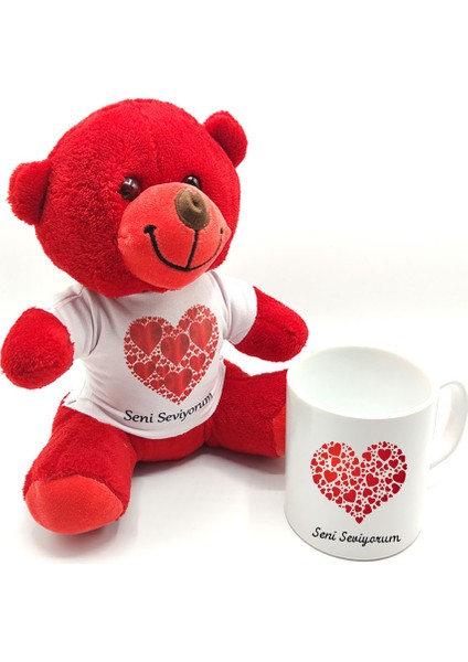 Seni Seviyorum Baskılı Kırmızı Ayıcık ve Kupa Bardak Seti modelleri