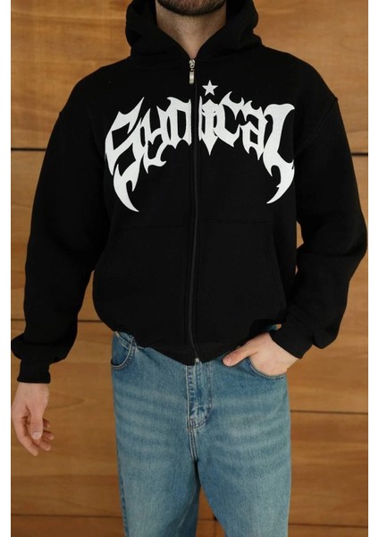 Erkek Kapüşonlu Sweatshirt Hoodie 3 Iplik Şardonlu Pamuklu Kumaş, Önü Baskılı, Fermuarlı Rahat Kalıp, Kışlık ve Sokak Stili Sweat - Siyah fiyatları