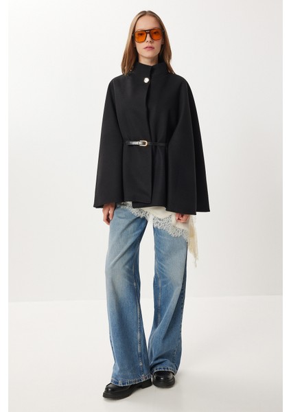 Kemerli Düğmeli Kaşe Panço LNT0013 Siyah