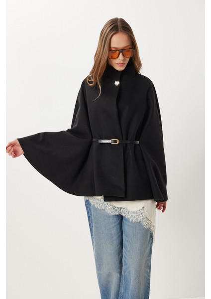 Kemerli Düğmeli Kaşe Panço LNT0013 Siyah fiyatları