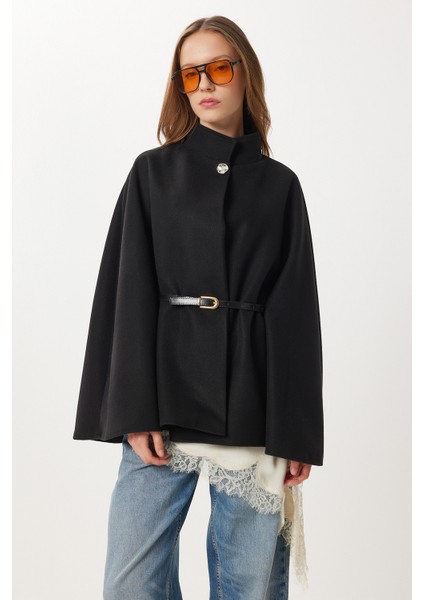 Kemerli Düğmeli Kaşe Panço LNT0013 Siyah modelleri